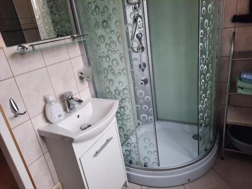 La salle de bains est pourvue d'un lavabo et d'une douche. dans l'établissement Apartament na Skarpie, à Wrzeszczyn