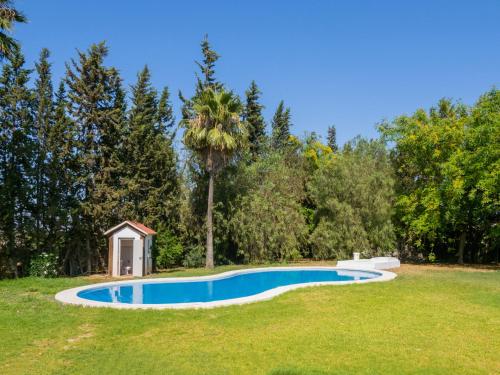 een zwembad in een tuin met een palmboom bij Cubo's Villa Garden in Alhaurín el Grande