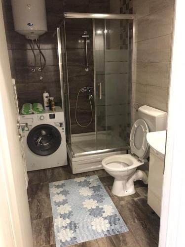 a small bathroom with a shower and a toilet at Apartman Jaca in Tuzla