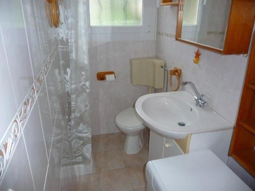 une salle de bain avec un lavabo, des toilettes et une douche dans l'établissement Appartement T2 pour 4 personnes, proche plage et commerces, jardin privé, parking, animaux acceptés - FR-1-226B-111, à Cavalaire-sur-Mer