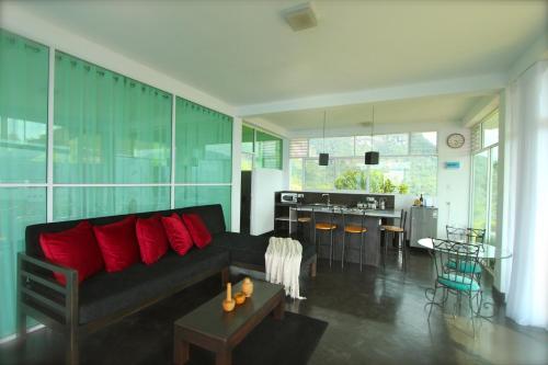 ヌワラエリヤにあるSingha Sanasa Luxury Homestayのリビングルーム(黒いソファ、赤い枕付)