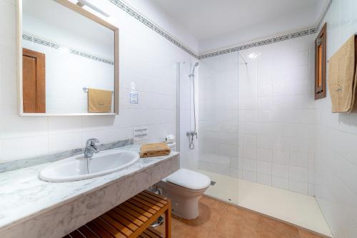 プラヤ・ブランカにあるVilla Casa Marのバスルーム(洗面台、トイレ、鏡付)