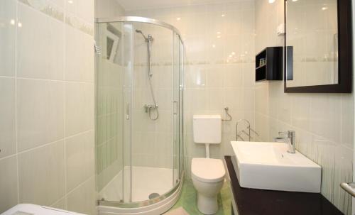 a bathroom with a shower and a toilet and a sink at Apartment Krleza in Baška