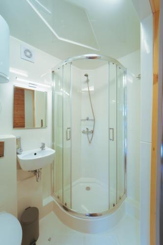 a bathroom with a shower and a sink at Arche Siedlisko Gorodczyno in Narew