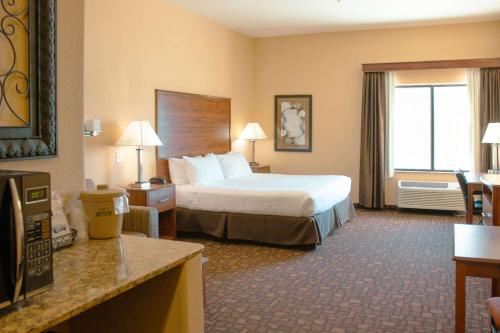 Habitación de hotel con cama y ventana grande en Expressway Suites of Grand Forks, en Grand Forks