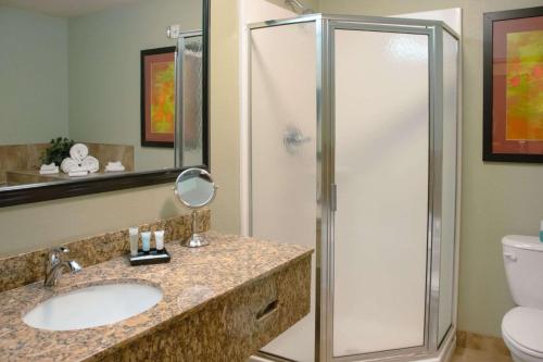 a bathroom with a sink and a shower at Expressway Suites of Grand Forks in Grand Forks