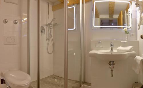 a bathroom with a shower and a sink and a toilet at Gasthof & Hotel Zur Post in Wallgau