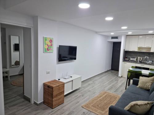 a living room with a couch and a tv on a wall at OLIMP Sea View Apartments - The Sunny Apartment in Olimp