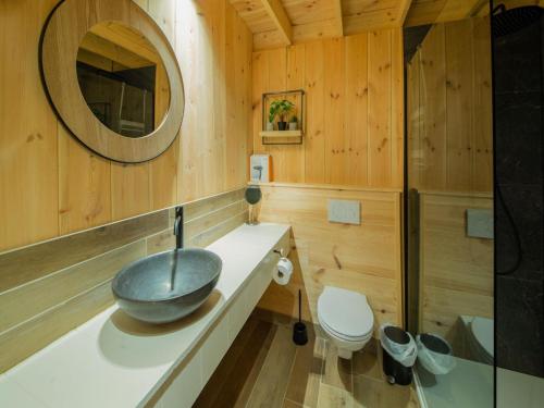 a bathroom with a bowl sink and a toilet at Escape with Heated Pool in Érezée
