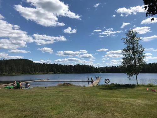 a group of people on a dock on a lake at Views of Isaberg and fitting two families! in Hestra