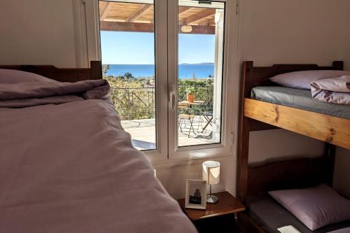 a bedroom with two bunk beds and a window at Haus Granes in Finikounta