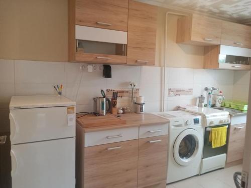 una cucina con lavatrice e lavatrice di D38 Pestelizabeth Apartman a Budapest