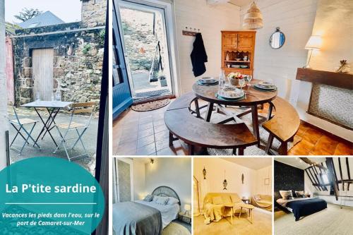 a collage of pictures of a living room and a table at La p'tite sardine in Camaret-sur-Mer