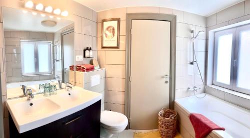 a bathroom with a sink and a toilet and a mirror at Belle de Nuit in Ostend