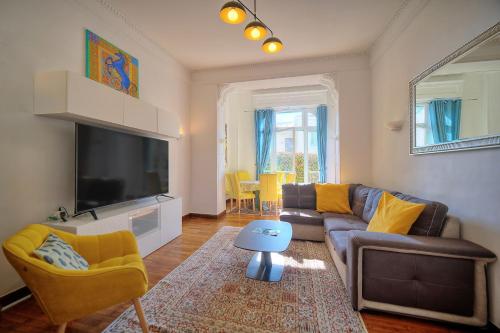 un salon avec un canapé et une télévision dans l'établissement IMMOGROOM -Terrace with garden - Quiet - Air-conditioner, à Cannes