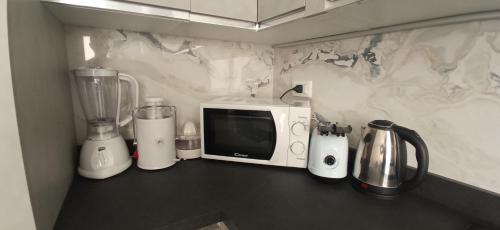 a kitchen counter with a microwave and a blender at La Buona Stella Apartment in Pistoia