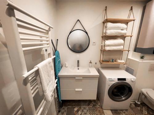 y baño con lavadora y lavamanos. en Au cœur de Castres, logement cosy classé 3***, en Castres