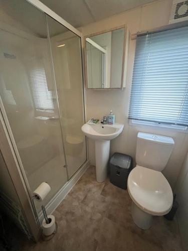 a bathroom with a toilet and a shower and a sink at Ormesby 8, Haven Holiday Park, Caister - Four Bedroom, sleeps 8, pets welcome - 2 minutes from the beach! in Great Yarmouth