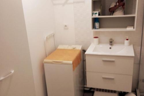Elle comprend une petite salle de bains pourvue d'un lavabo et d'un comptoir. dans l'établissement T2 idéal étudiant + pro + parking protégé sous-sol, à Thouaré-sur-Loire