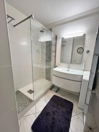 une salle de bain avec douche et lavabo dans l'établissement L'Océane - Magnifique vue mer, à La Rochelle