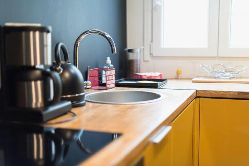 a kitchen counter with a sink and a coffee maker at Charming one-of-a-kind apartment. in Saint-Ouen