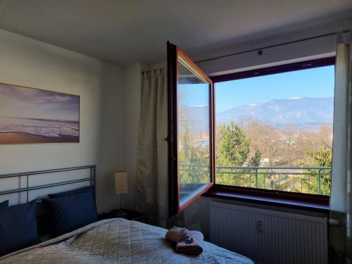 a bedroom with a bed and a large window at Central business apartment - FREE PARKING in Martin