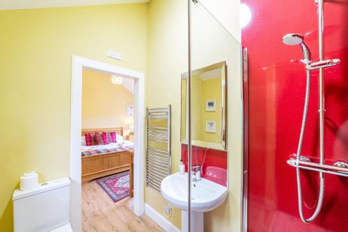 a bathroom with a shower and a sink and a toilet at Pine Marten Lodge with Hot Tub in Cray