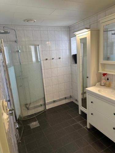 a bathroom with a shower and a sink at Lärkan 21 Tvisegatan 24 in Borlänge