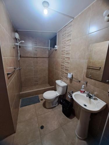 La salle de bains est pourvue de toilettes, d'une douche et d'un lavabo. dans l'établissement Departamento amoblado en Arequipa, Cerro Colorado, Urbanización La Merced de Challapampa, à Chila Pampa