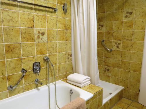 a bathroom with a tub and a shower with a shower curtain at Ferienwohnung Ankerplatz 1 in Immenstaad am Bodensee
