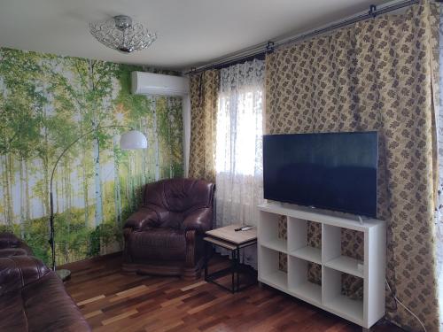 sala de estar con TV de pantalla plana y silla en Casa adosada en Maçanet de Cabrenys, en Maçanet de Cabrenys