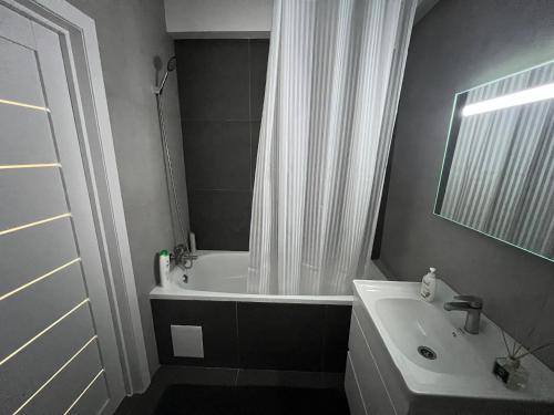 a bathroom with a tub and a sink and a mirror at Hi-tech aparts in Chişinău