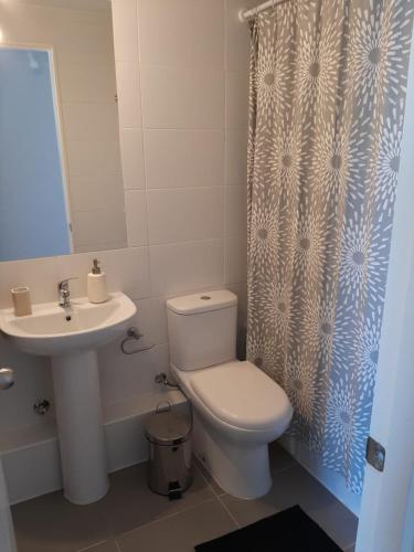 a bathroom with a toilet and a sink and a shower curtain at Departamento Ejecutivo Concepción in Concepción