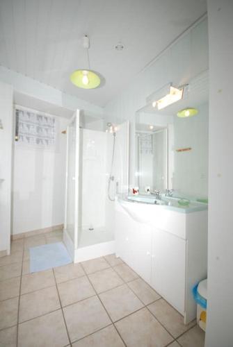 une salle de bain blanche avec un lavabo et un miroir dans l'établissement Gîte Aglaé, à Vals-les-Bains