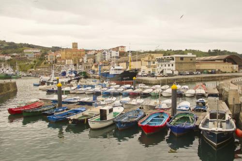 a bunch of boats are docked in a harbor at Pension Getariano in Getaria