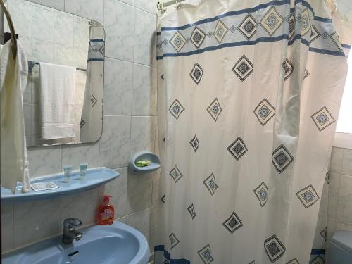 a bathroom with a sink and a shower curtain at Canary Islands in Manama