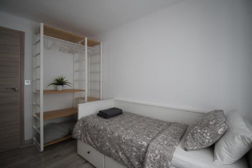 1 dormitorio con cama y estante para libros en Apartamento los Pirineos Sabi, en Sabiñánigo
