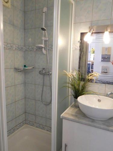 une salle de bain avec un lavabo et une douche dans l'établissement CIGALINES Très beau T2 piscine Pinède Cap d'Agde, au Cap d'Agde