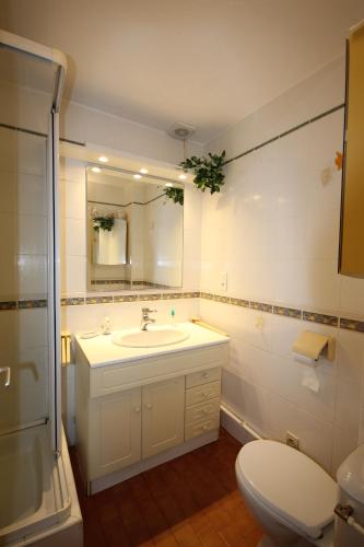 une salle de bain avec un lavabo, des toilettes et un miroir dans l'établissement Maison de vacances, MAS DE LA PLAGE, clim, terrasse Sud dégagée 4 couchages, 200m de la mer, PORTIRAGNES PLAGE LRMP67, à Portiragnes