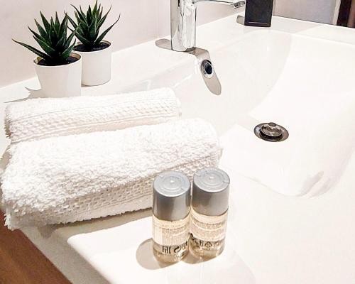 um lavatório de casa de banho com duas toalhas e plantas em Artbleu -Tout Confort - Idéal Pros - Proche commerces em Montluçon