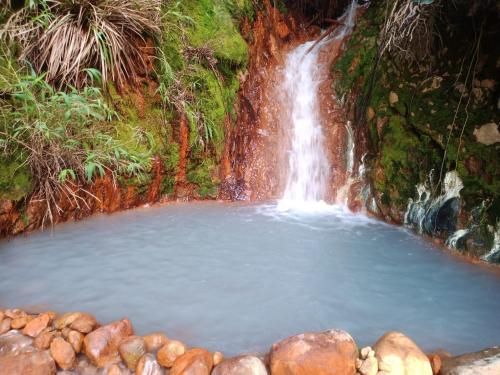 a pool of water in front of a waterfall at Cozy vacation retreat with free parking in Roseau