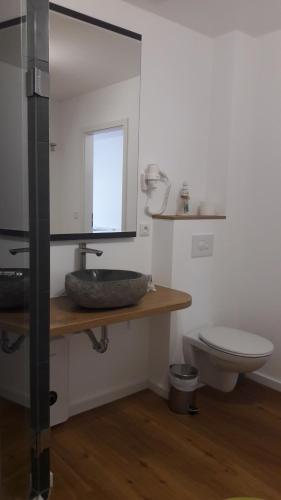 een badkamer met een wastafel en een toilet bij Pension Rabe Haus Retzi Rabe in Grevesmühlen