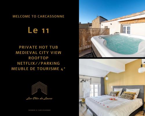 a collage of photos with a bed and a tub at Les Clés de Laure - Le 11 JACUZZI avec Terrasses Clim Netflix Parking in Carcassonne