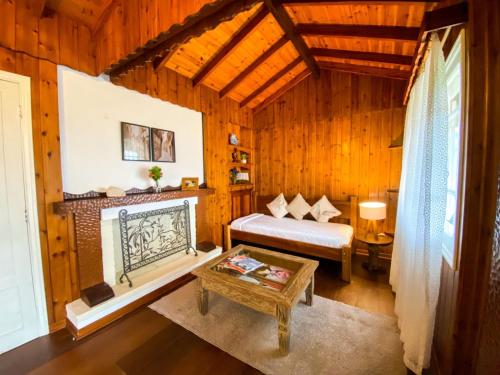 a bedroom with a bed and a fireplace at Pousada Ricanto Amore Mio in Monte Verde