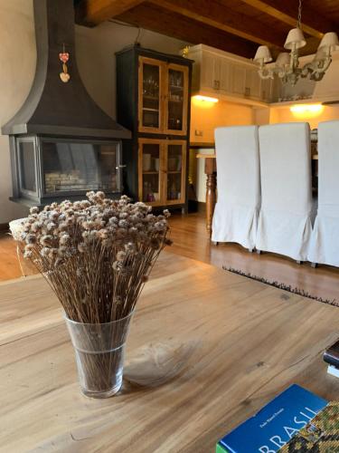 a vase with flowers in a living room with a fireplace at Casa en Estavar Residential con jardín y piscina in Estavar