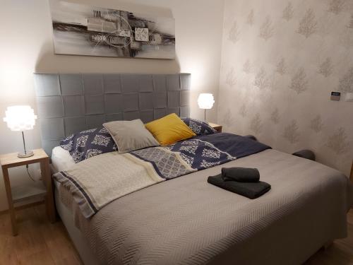 ein Schlafzimmer mit einem Bett mit zwei Lampen in der Unterkunft Apartmán Filip - Pod Lesom in Vysoké Tatry
