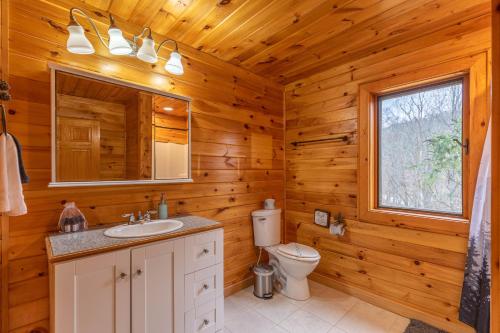 a bathroom with a toilet and a sink and a window at River View Retreat in Boone
