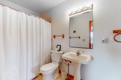 a bathroom with a toilet and a sink and a mirror at Siren's Song #D7-HC in Avon