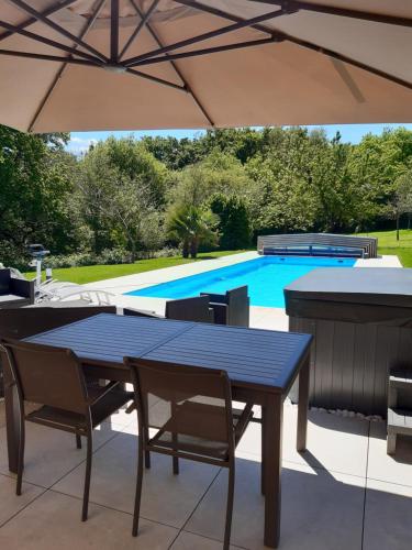 a patio with a table and chairs and a swimming pool at chambre d'hôtes Les Hortensias in Saint-Jean-la-Poterie