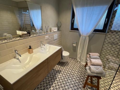 La salle de bains est pourvue d'une baignoire, d'un lavabo et d'une douche. dans l'établissement Sonnenterrasse mit Whirlpool, à Überlingen